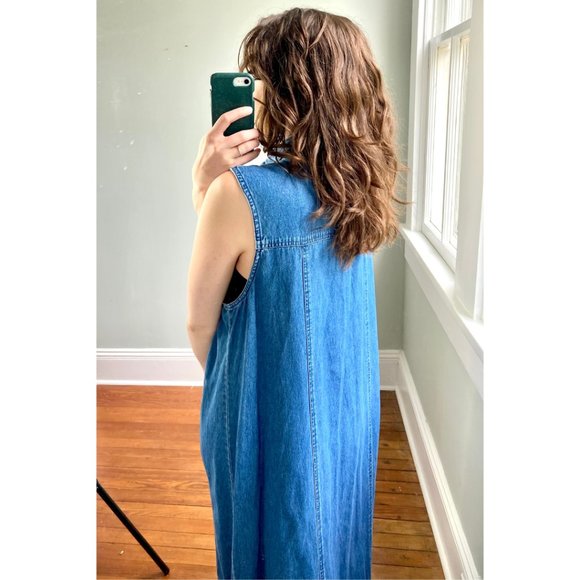 Vintage 90s Denim Button Down Silver Velvet Sleeveless Slit Maxi Dress L - Picture 7 of 9